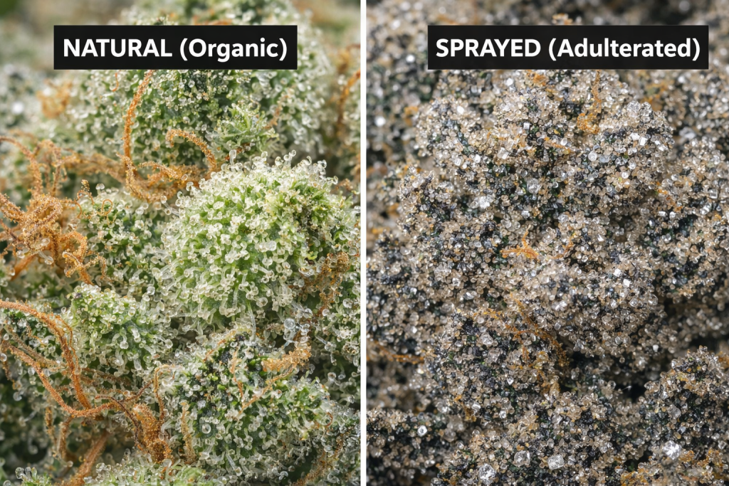 Comparativa microscópica dividida en dos. Izquierda: Cogollo de cannabis etiquetado "NATURAL (Organic)" mostrando tricomas sanos en forma de hongo. Derecha: Cogollo etiquetado "SPRAYED (Adulterated)" cubierto de cristales cúbicos artificiales y peligrosos con un icono de advertencia.